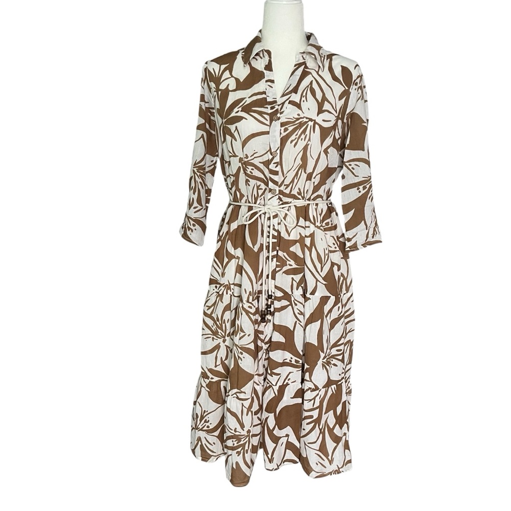 Mlle Gabrielle Button Down Midi Tiered 3/4 Sleeves Shirtdress  Fall Leaf Sz L
